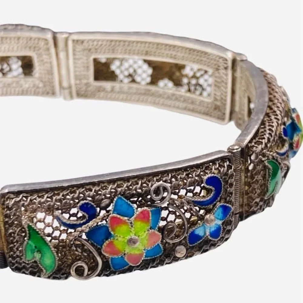Exquisite Antique Chinese Export Silver Filigree Enamel Bracelet